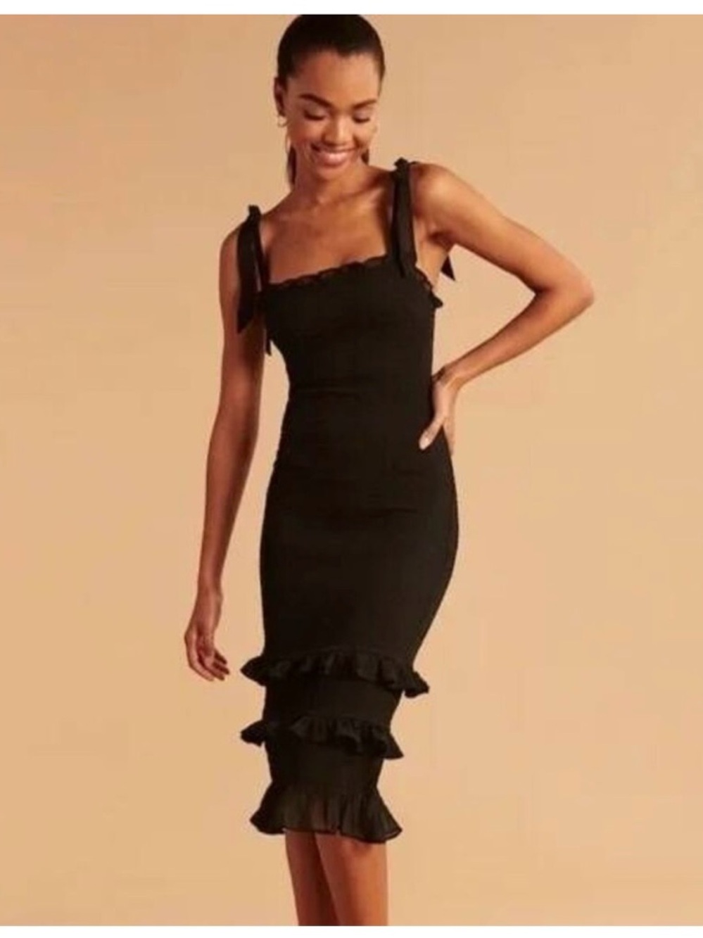 Abercrombie & Fitch Black Ruffle-Tier Midi Dress with Tie Straps